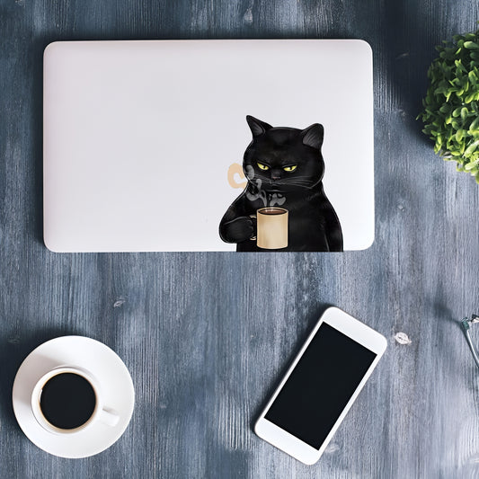 Cute Black Cat With Coffee Cup Vinyl Decal