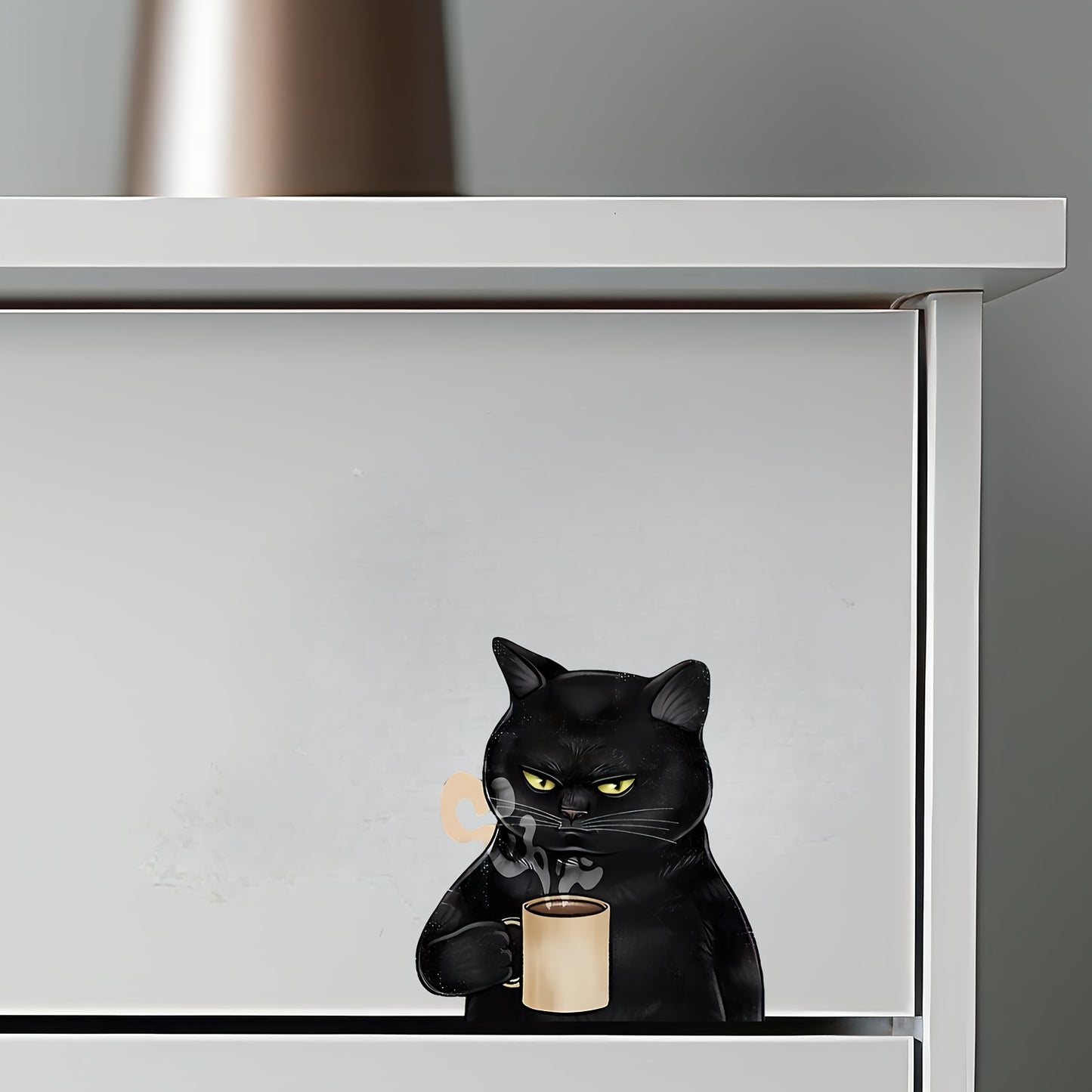 Cute Black Cat With Coffee Cup Vinyl Decal