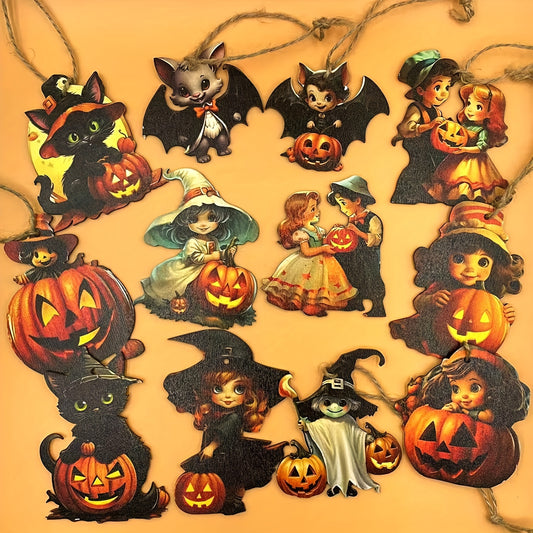 Vintage Halloween Wooden Ornaments 12-Piece