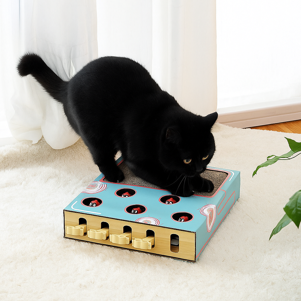 Interactive Cat Toy Whack-a-Mole Box with Scratching Pad