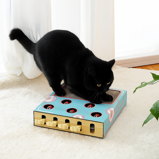 Interactive Cat Toy Whack-a-Mole Box with Scratching Pad