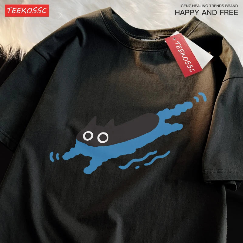 Swimming Black Cat T-shirt