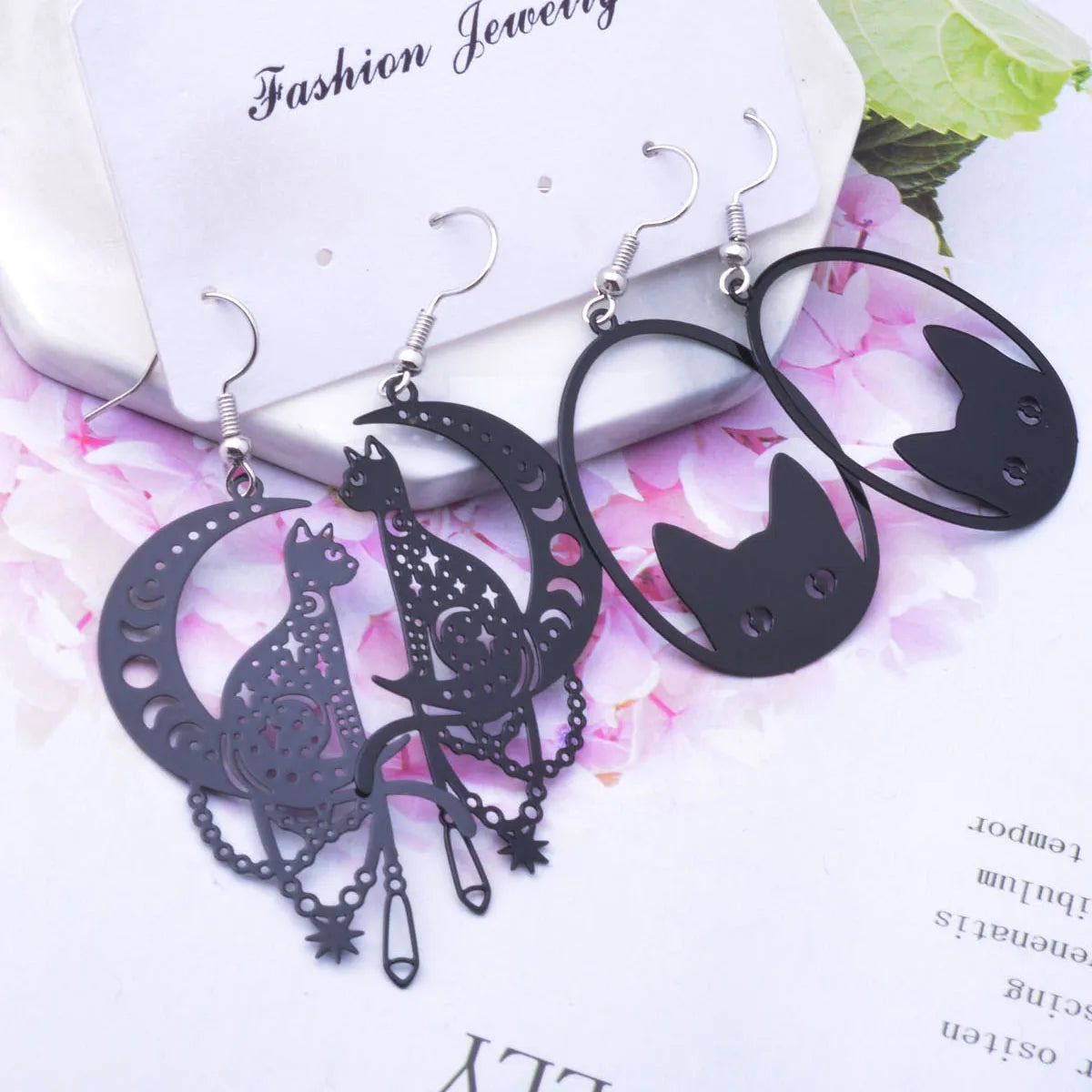 2 pairs/set Brass Black Lovely Animal Moon And Cats Earrings Set Fashion Girls