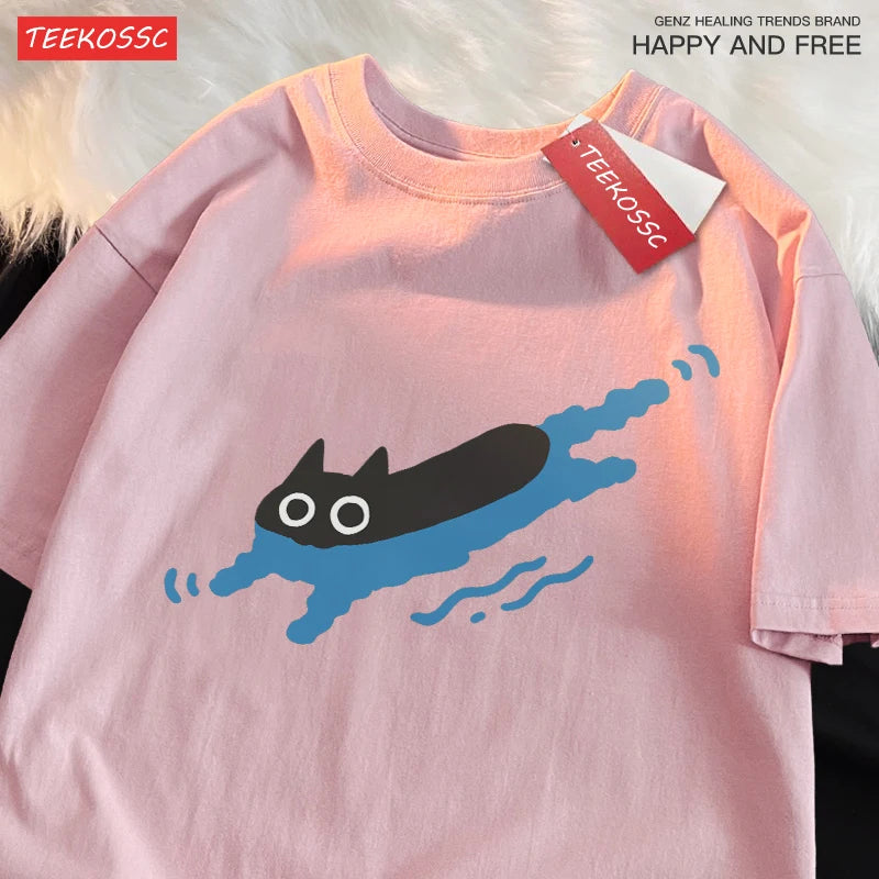 Swimming Black Cat T-shirt
