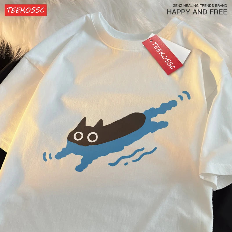 Swimming Black Cat T-shirt