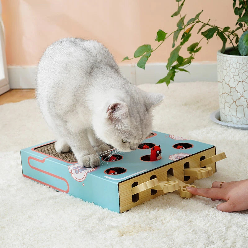 Interactive Cat Toy Whack-a-Mole Box with Scratching Pad