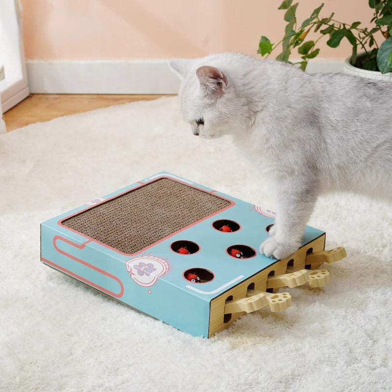 Interactive Cat Toy Whack-a-Mole Box with Scratching Pad