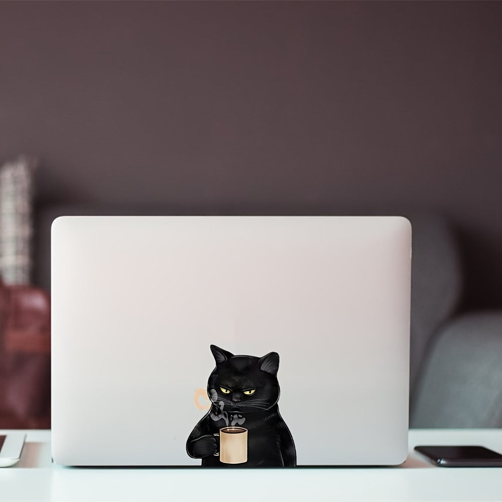 Cute Black Cat With Coffee Cup Vinyl Decal